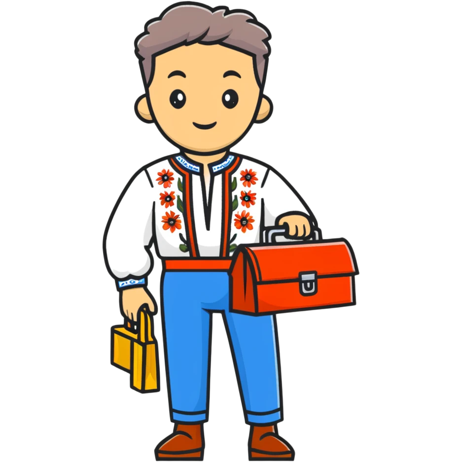 Ukrainian man in traditional embroidered vyshyvanka shirt holding a toolbox emoji