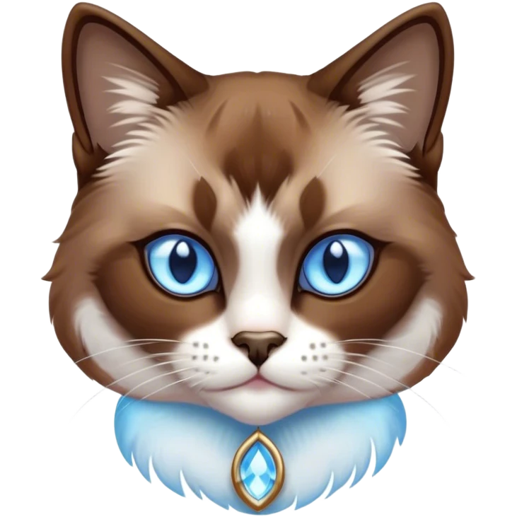Cinematic Noble Brown Mantle Snowshoe Cat Portrait Emoji, Poised and regal, with sleek brown fur draping elegantly over its back like a mantle, contrasted by a crisp white chest, paws, and facial markings, piercing icy-blue eyes, Simplified yet sharp and sophisticated features, highly detailed, glowing with a soft, dignified glow, high shine, intelligent and graceful, stylized with an air of elegance, focused and attentive, soft glowing outline, capturing the essence of a watchful and refined feline, so majestic it feels as though it could glide across the screen with effortless confidence! emoji