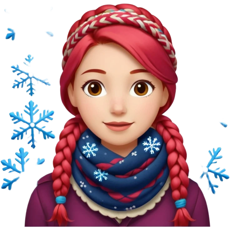 A red braid hair cheerful woman with patterned scarf, snowflakes land on her hair. emoji
