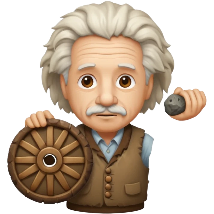 Albert Einstein as a caveman with a stone wheel, emoji style emoji