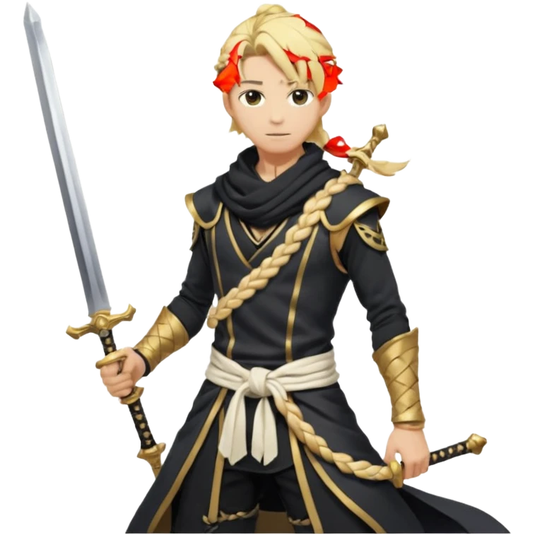 Aether (from Genshin Impact) (male) (anime style) with black and golden clothes, white scarf, long blonde braided ponytail, with a sword (full body) emoji