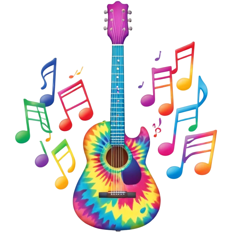Tie-dye guitar with music notes around it emoji