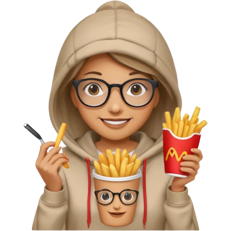 Woman with Glasses & Fries – cheerful woman in hoodie, holding paper cup of fries.





































 emoji
