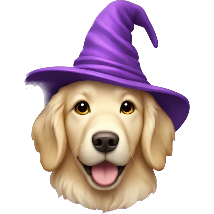 Cream color Golden retriever wearing a purple wizard hat with stars on it emoji