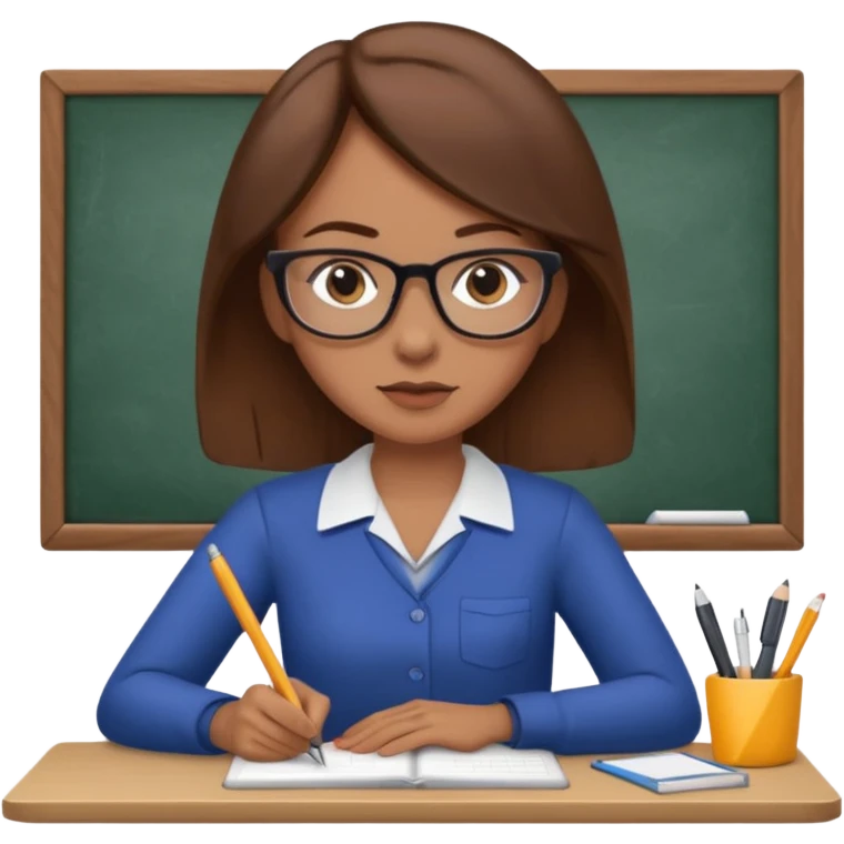 Uma mulher de cabelo cstanho que é professora um pouco brava não usa óculos e está a trabalhar ao computador emoji
