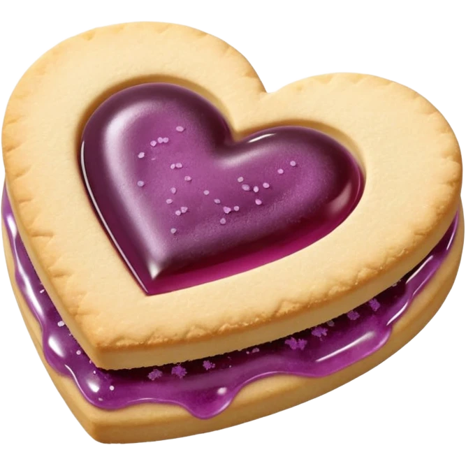 Realistic shortbread cookie in the shape of a heart with mauve jelly middle filling and sprinkled powder sugar on top. emoji