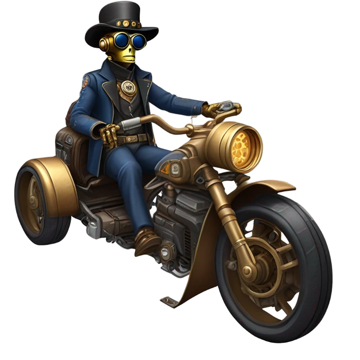 Bounty hunter C-3PO Jedi wearing a pair of navy-blue rimmed steampunk goggles, hat, leather chaps, fringe jacket riding a relaxed sci-fi 3 wheeler reverse-trike steampunk rat rod motorcycle with large fenders and saddlebags in desert town  emoji