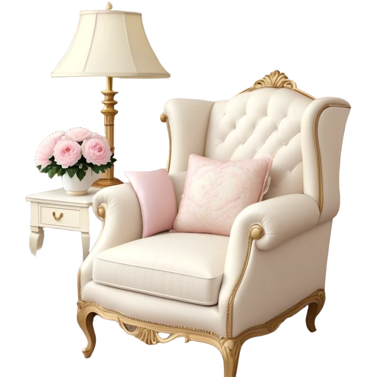 A cozy vintage-inspired reading nook, with an overstuffed ivory armchair, a golden reading lamp, and a bouquet of soft pink roses, white peonies, and dahlias resting on a small lace-covered side table, as a pearl butterfly gently rests on the open book.
 emoji