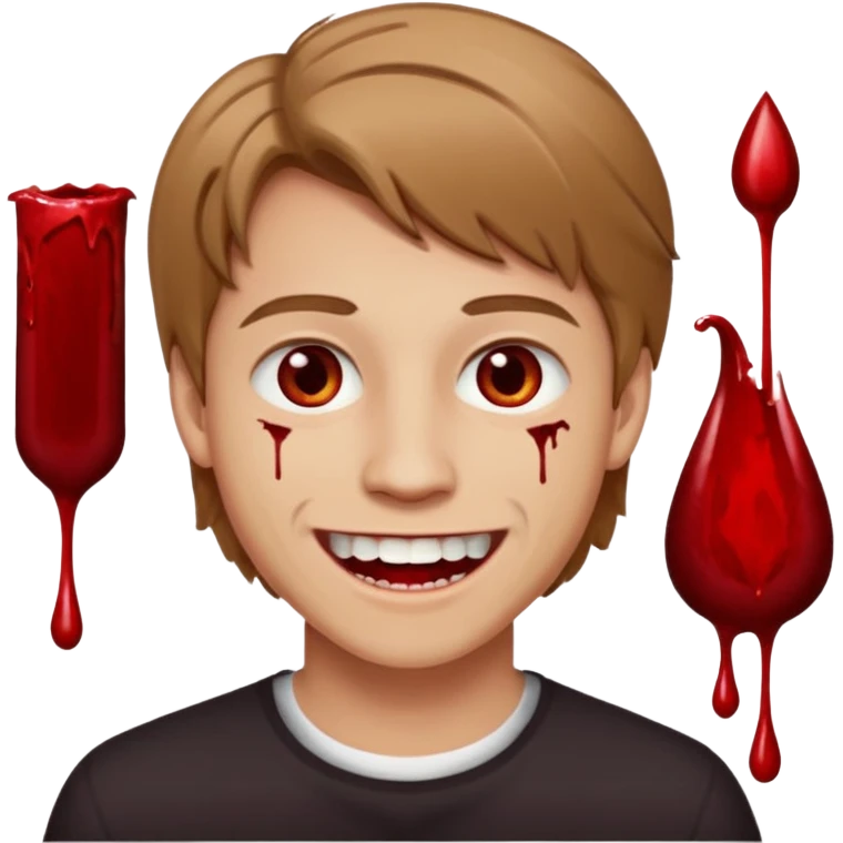 парень с русыми волосами средней длины; белая кожа; белые глаза; открытая улыбка, где на зубах кровь;  emoji