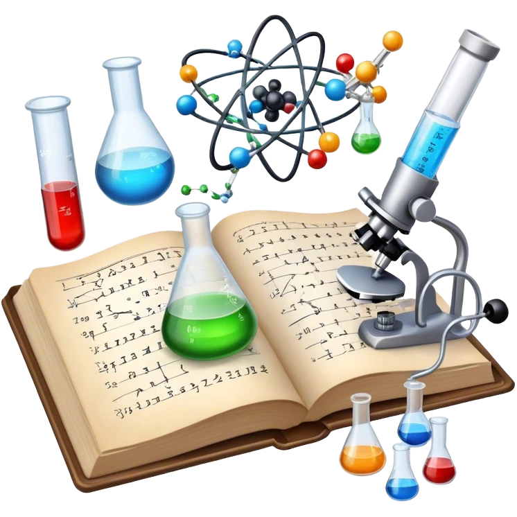 Icon for Scientific and Educational Reading: an open book with mathematical and physical formulas on the pages, with molecules and atoms flying out. On the desk are test tubes, flasks, and a microscope. Transparent background. emoji