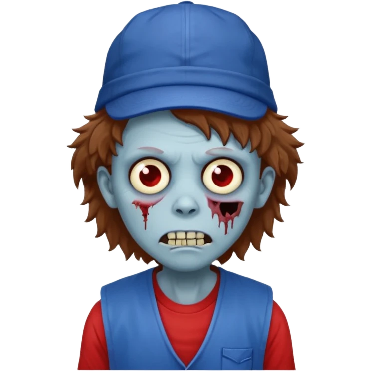 brown fluffy hair zombie with blue and white hat dark blue jilet red t shirt emoji