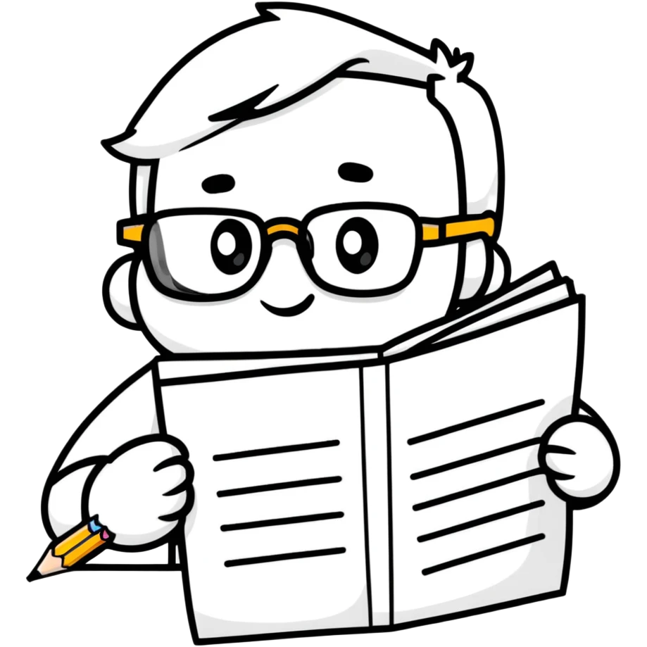 precise pencil character with glasses checking a document as a pedant mascot emoji