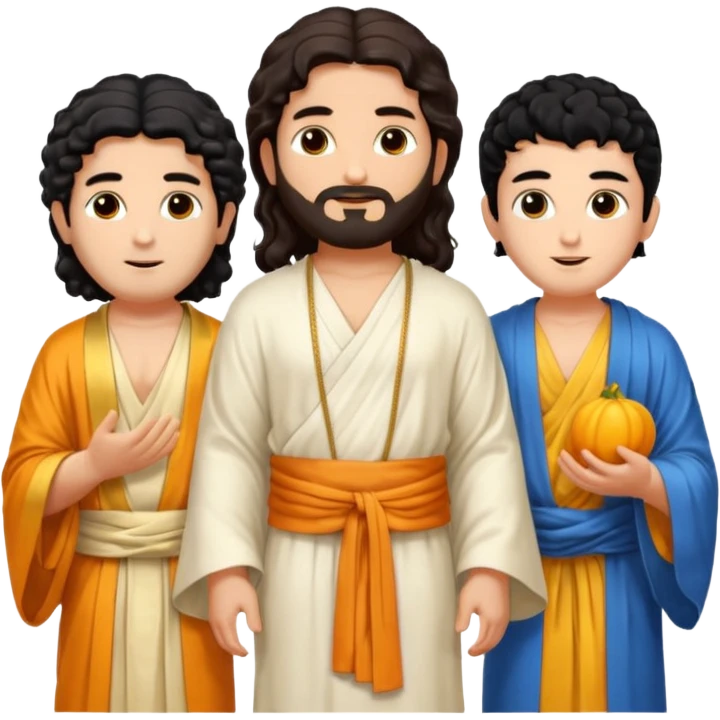 Create a Jesus, Krishna, and Buddha standing together. Jesus: long wavy dark-brown hair, short beard, wearing a simple white robe. 

 emoji