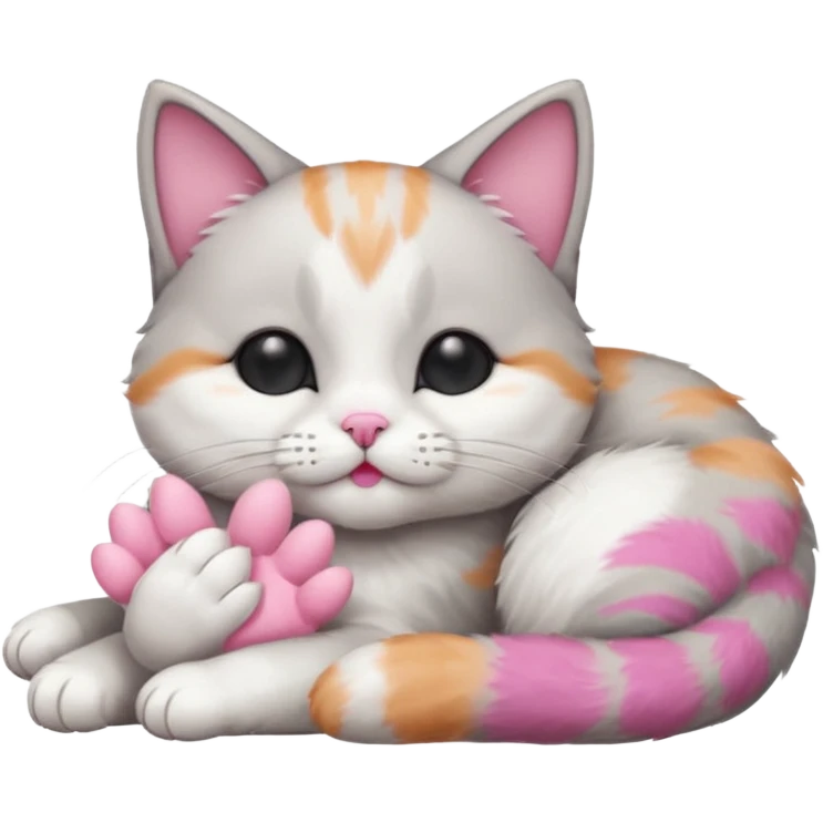 grey and white small cat with its eyes closed lying down with its paw holding up his head emoji