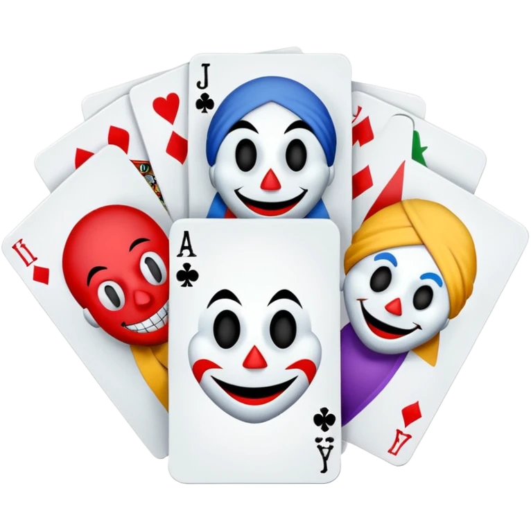bunch of 3 poker cards, with crazy colorful human jolly jokers inside, inversed face, cuphead style emoji