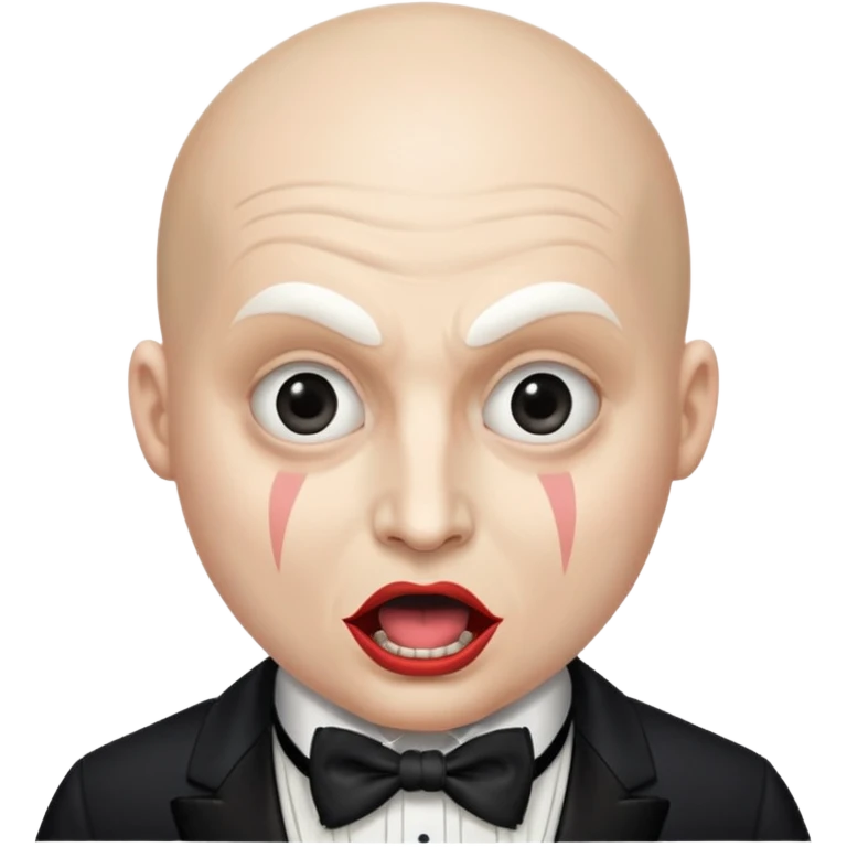 a bald cabaret actor with a white-painted face and heavily made-up eyes and mouth, a huge, wide-open mouth, and a startled look emoji