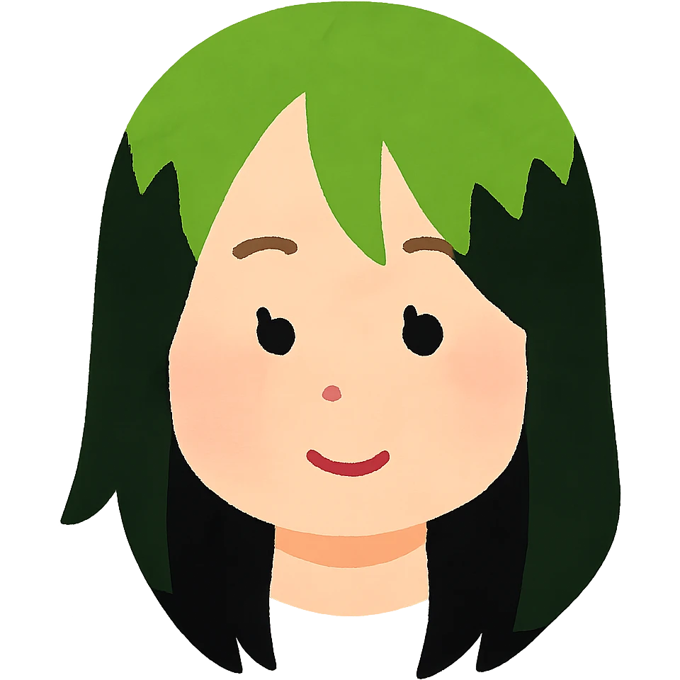 Billie Eilish head, Irasutoya style, green and black hair, soft cartoon face, simple features, no background emoji