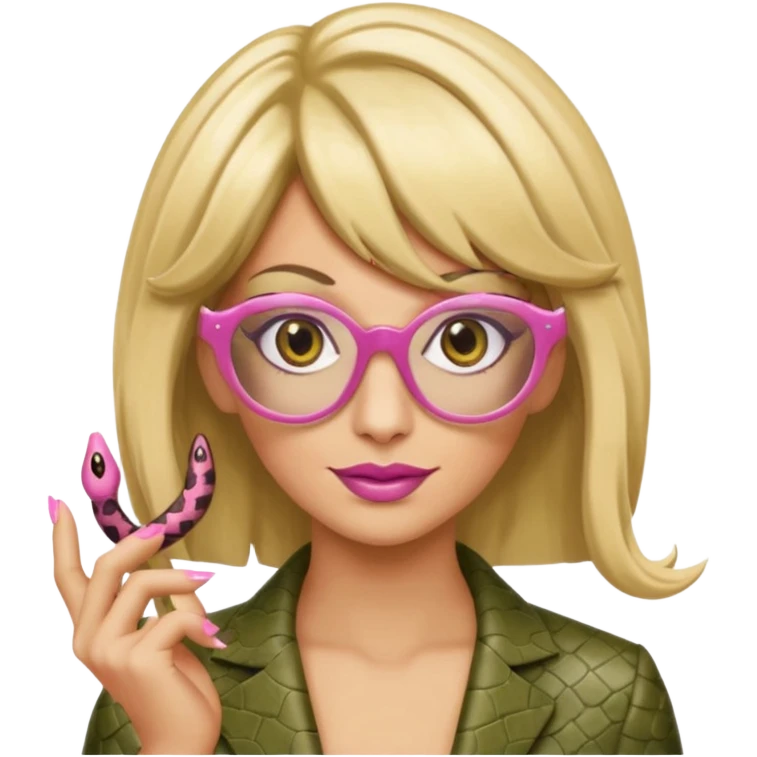 a snake with a bitchy face, a dirty blonde wig, pink pointy nails and square frame golden glasses emoji