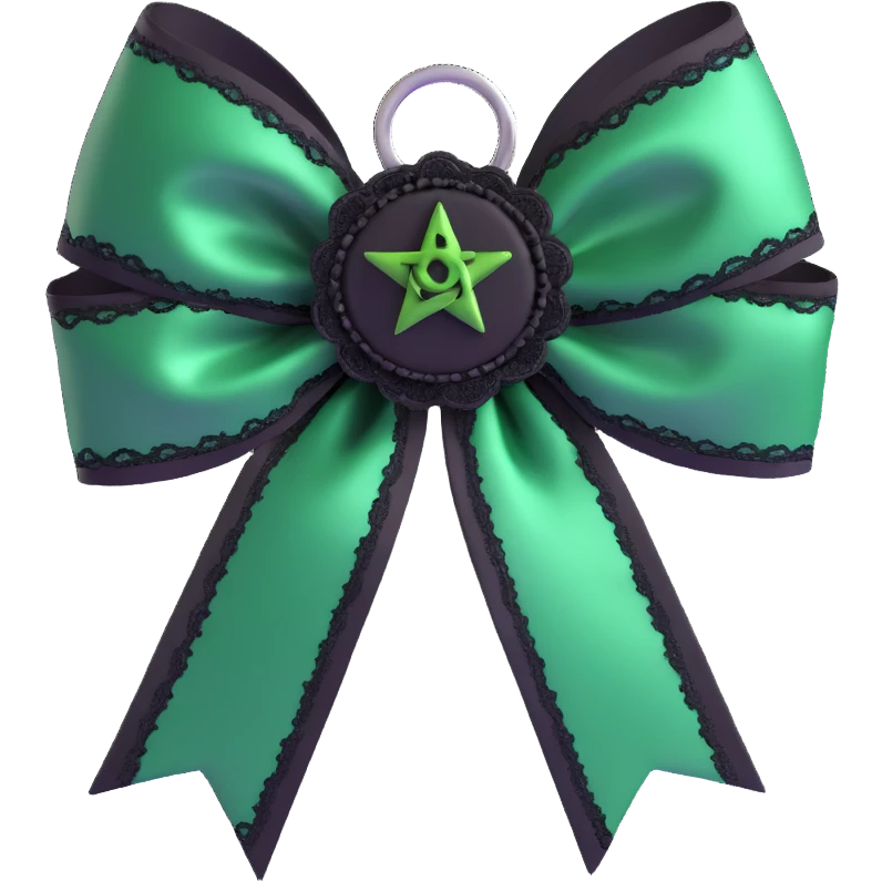 3D emoji gothic bow with deep green satin, black lace trim, and silver pentagram charm emoji