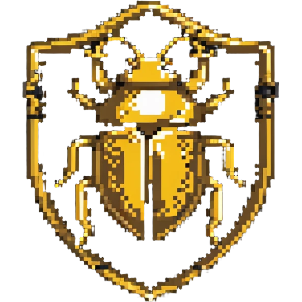 A gold shield-shaped badge with a beetle silhouette like Discord's bug hunter badge emoji
