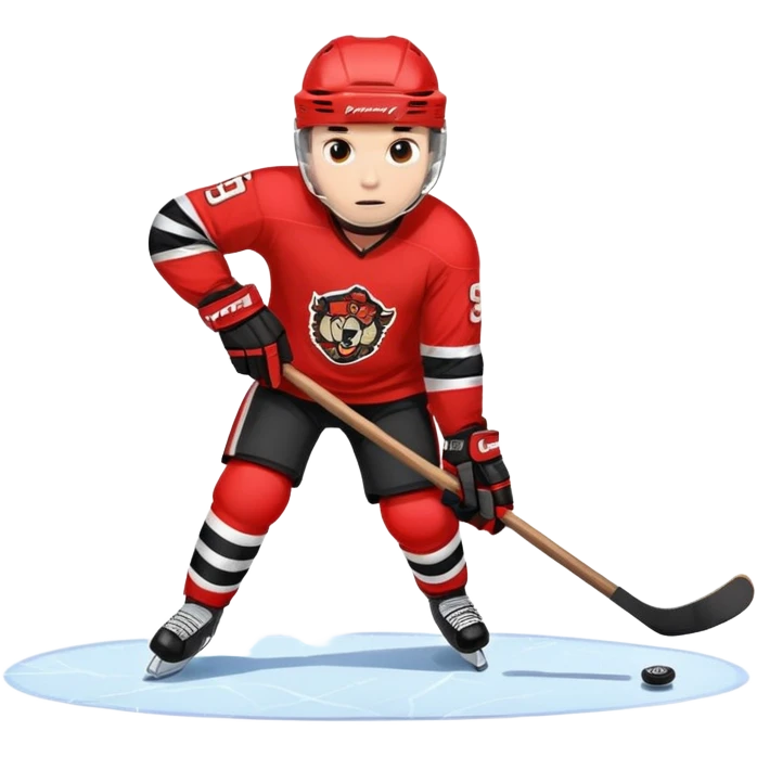 A hockey player in a helmet and with a stick in his hands in a red and black uniform rides on the ice, emotions of struggle, courage emoji