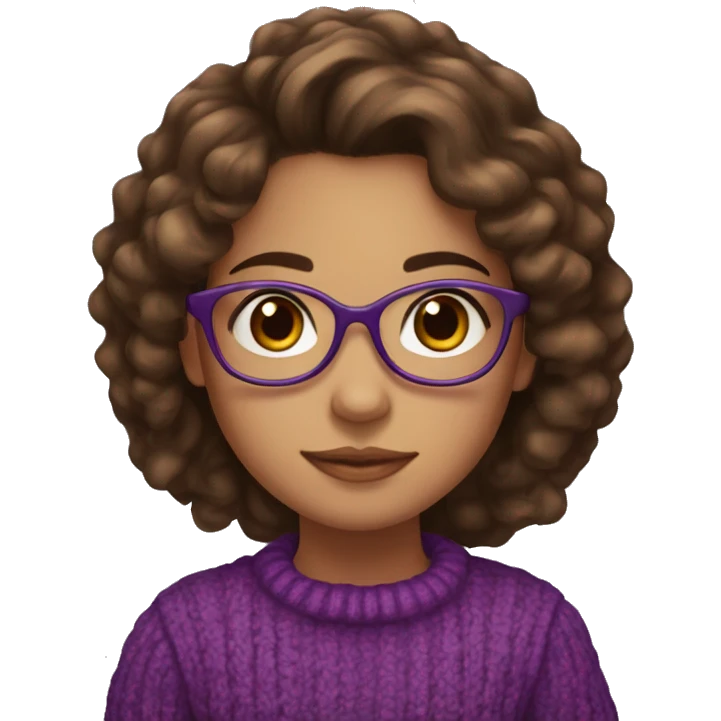 young girl, young hispanic, long brown hair, long curly brown hair, brown eyes, purple winter sweater, glasses emoji
