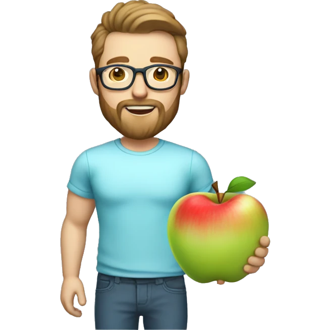 A male nutritionist with a full beard and dark blonde hair and white skin and glasses holding an apple in his hand. Who has a light blue shirt on. emoji