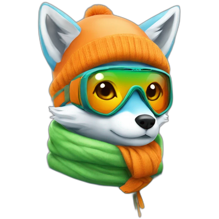 blue fox wear orange snow goggle amd green scarf emoji