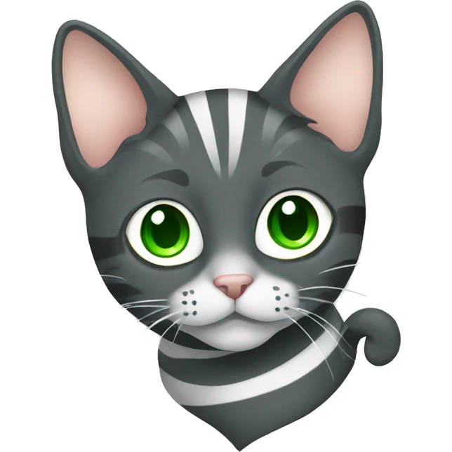 Cat dark grey with white stripes and with green eyes and emoji