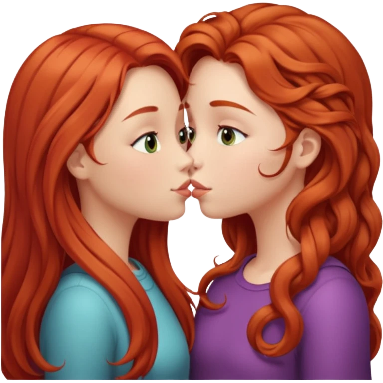 two girls kissing, one with long straight red hair, the other with long curly light brown hair emoji