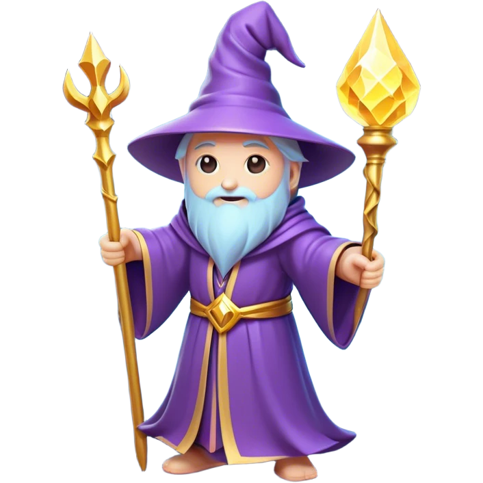 Clash of Clans aesthetic: Cinematic Playful Wizard Hero Emoji, rendered in a 3D vector-style similar to standard emojis with minimal shading and bold, simplified shapes. A compact, isometric figure draped in flowing enchanted robes and wielding a mystical staff, softly glowing with an arcane magical charm. Simplified yet unmistakably iconic, highly detailed and consistent, glowing with a soft radiant glow and high shine. Stylized with a touch of whimsical sorcery and a soft glowing outline, capturing the essence of a powerful wizard ready to cast spells with a friendly, playful spirit! emoji