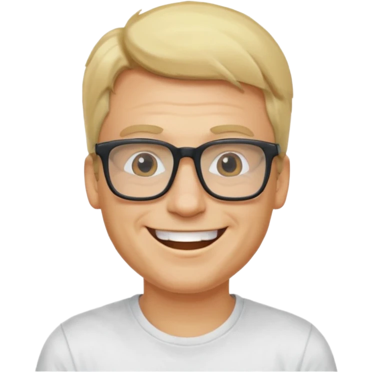 portrait of adult man, wearing a t-shirt, square glasses, grinning face, blond hair emoji