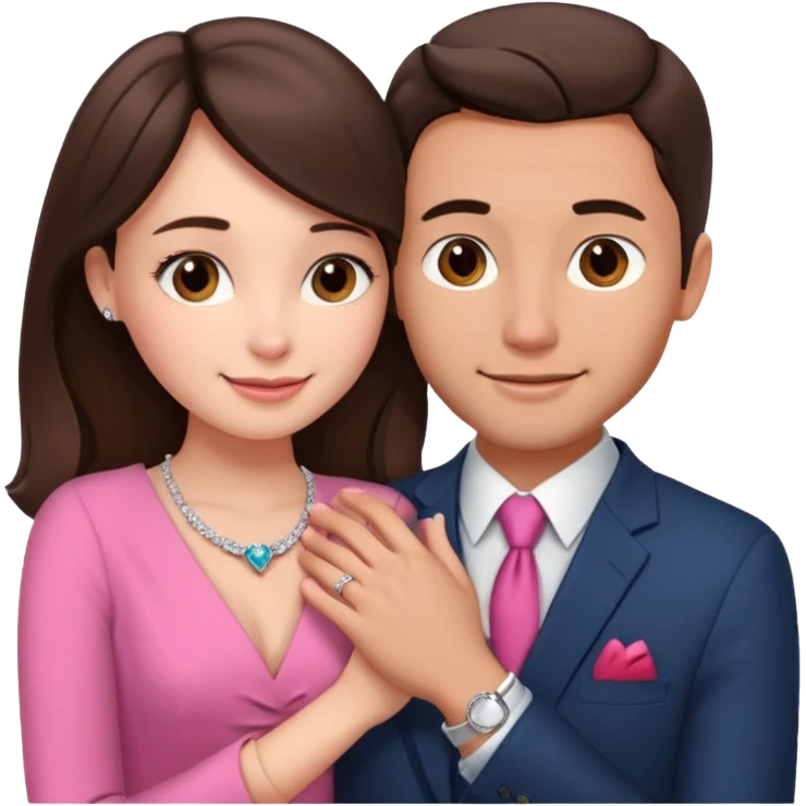 Brunette girl, with an engagement ring on her finger hugging a handsome man, (her boyfriend) both of them happy, she’s wearing a pink dress, he is wearing a suit, he’s also a rich businessman, and there is the 💜 purple heart emoji on top. They look in love with each other emoji