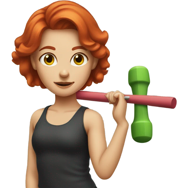 Red headed girl doing a workout with a green drumstick in each hand with the drumsticks crossed in front of her emoji