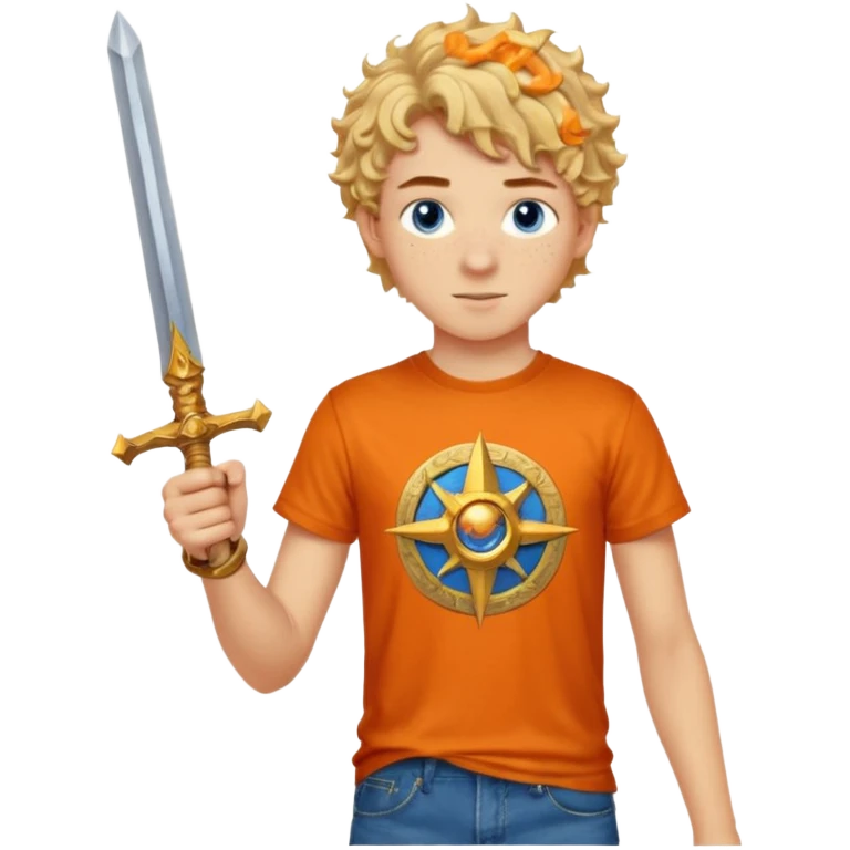 20 year old boy with curly blond hair and blue eyes with freckles wearing an orange no blue “Camp Halfblood” tshirt with the official percy jackson camp halfblood logo on it and blue jeans have him swinging a gold sword  emoji