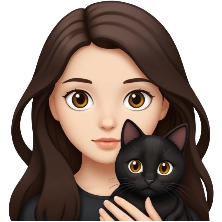 Brunette girl with long hair and brownie eyes and fair skin holding a black cat emoji