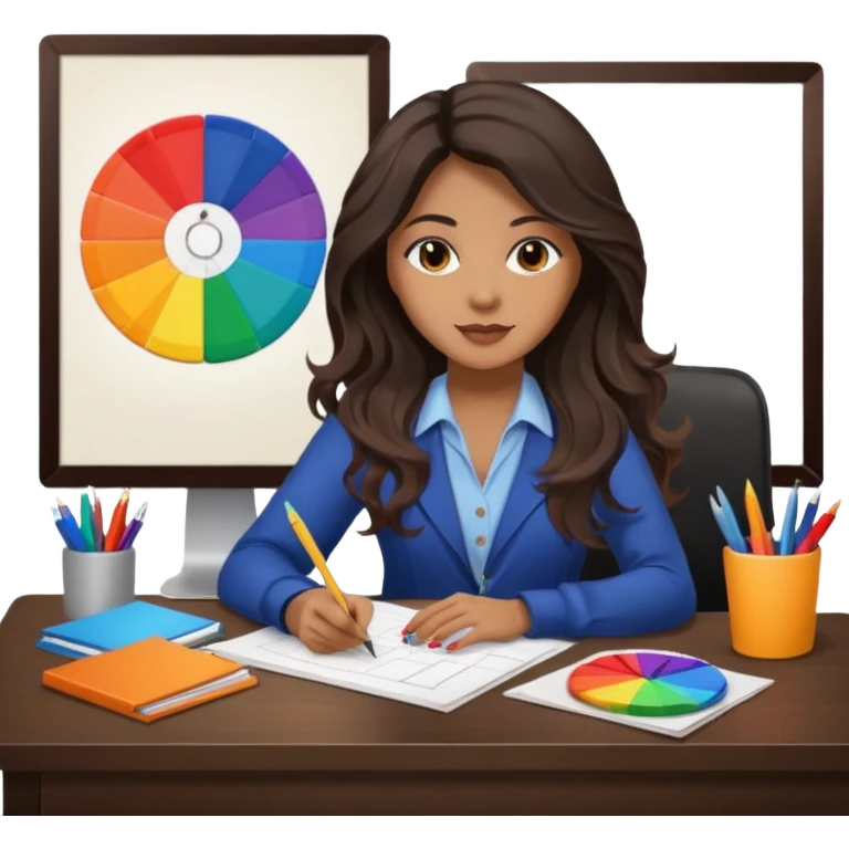 female dark wavy long hair graphic designer , holding color wheel , pens, papers, desktop emoji