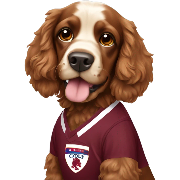 Cocker spaniel wearing an amber and claret football kit emoji