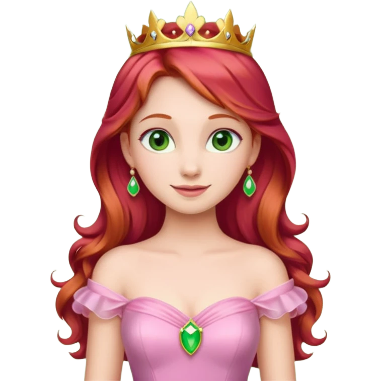 Aurora princess, classic fairytale style, red hair, pink gown, gentle smile, green amber eyes, standing pose, emoji style emoji
