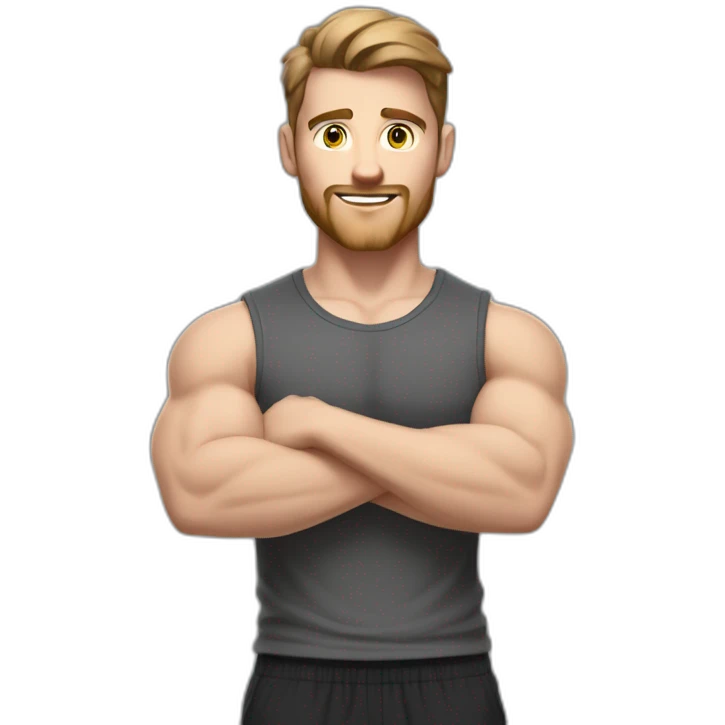 Close up Actively gesturing  with hands Pale skinned Fit Man With the biceps and brown hair in dark gray Sleeveless Mike, black oversize sports shorts, watch and white Sneakers emoji
