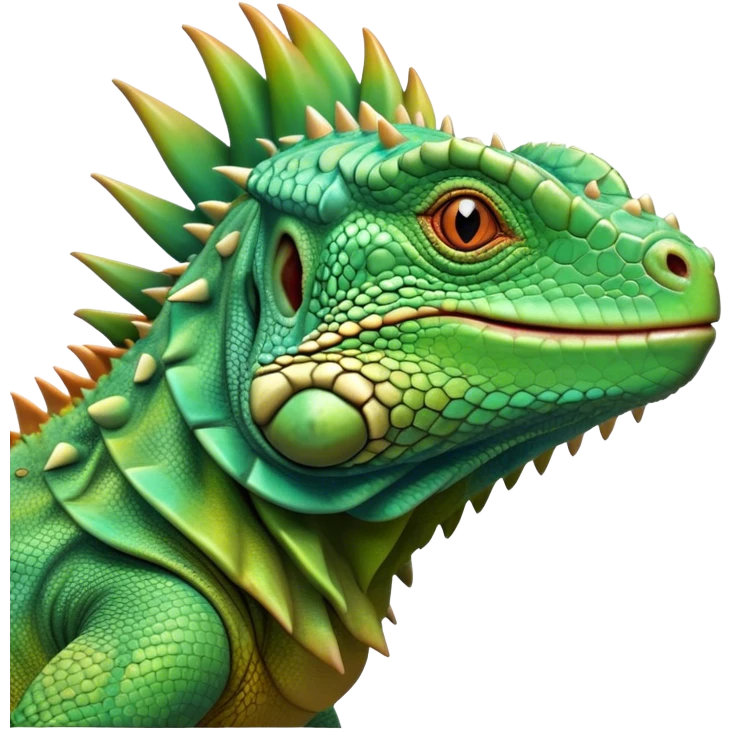 Cinematic Noble Iguana Portrait Emoji, Poised and majestic, with a robust, muscular build and a vibrant, scaly body accented by a prominent spiky crest and keen, observant eyes, Simplified yet sharp and sophisticated features, highly detailed, glowing with a soft, jungle radiance, high shine, intelligent and formidable, stylized with an air of ancient reptilian authority, focused and commanding, soft glowing outline, capturing the essence of a watchful guardian that appears ready to stride out of the screen with effortless might! emoji