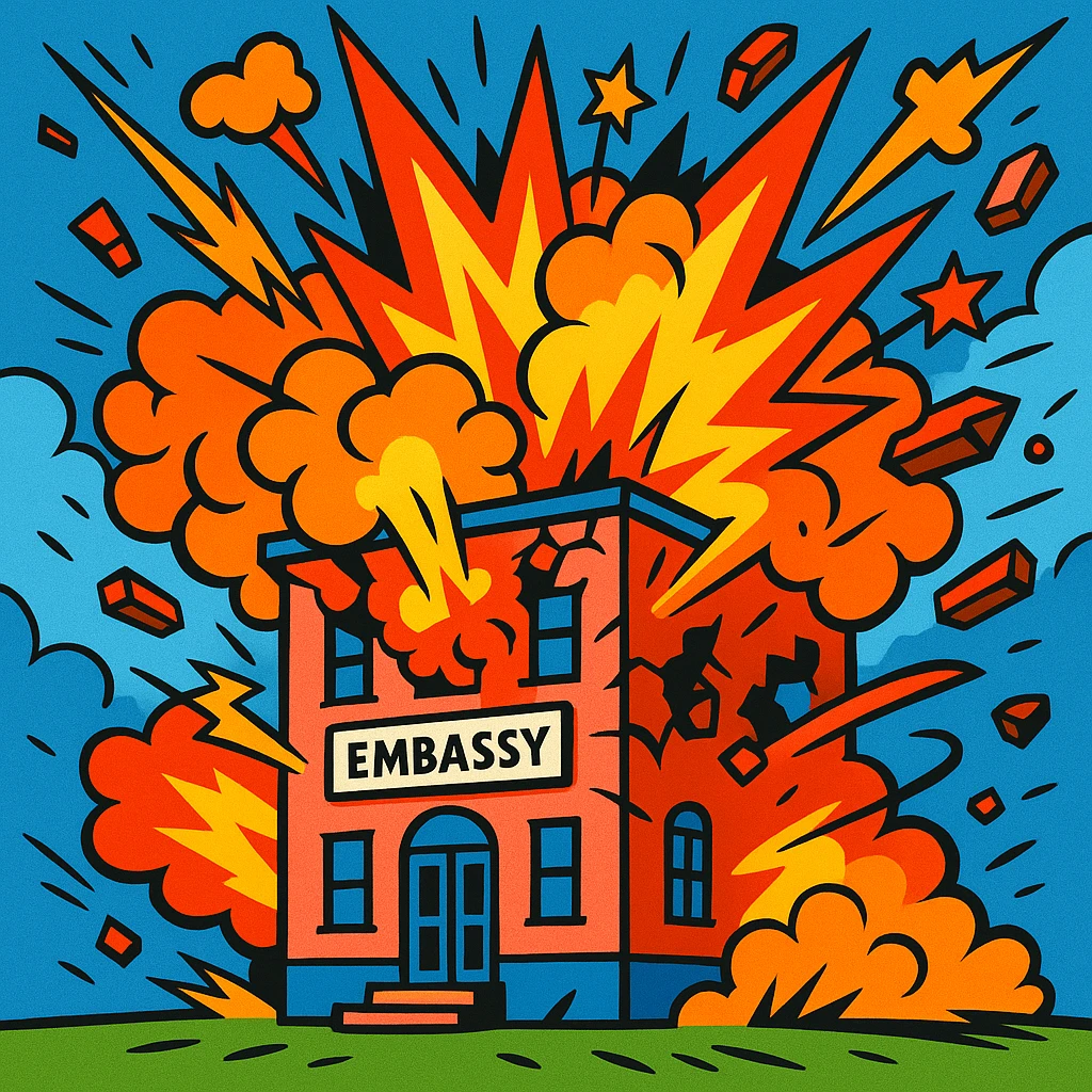 an embassy building exploding, cartoon style, expressive details, dynamic action, vibrant colors emoji