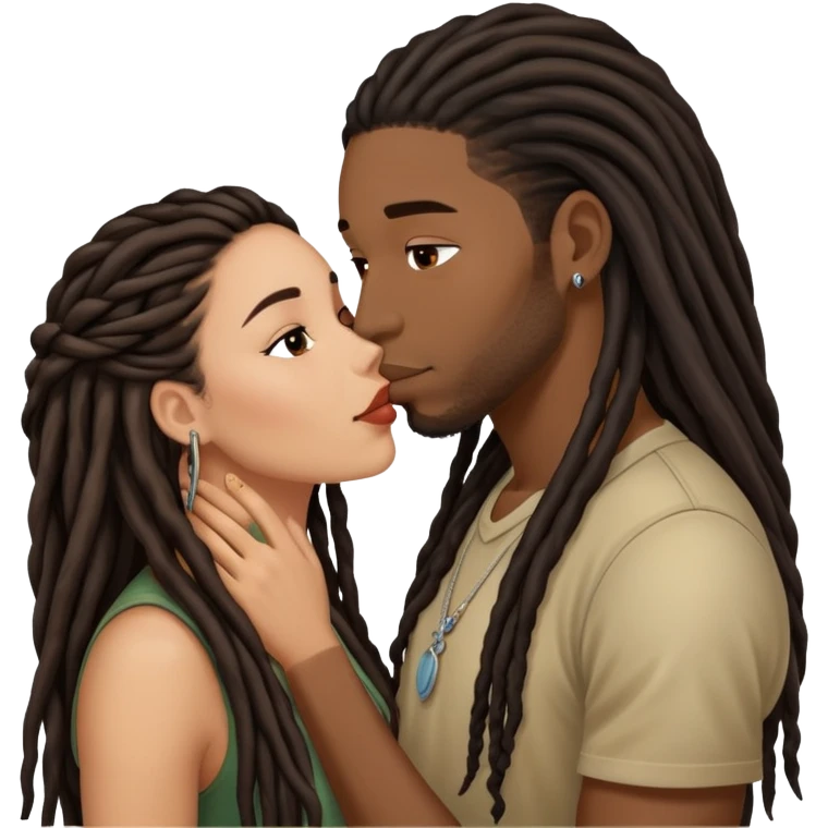 Latina Woman with long hair kissing a young black guy with dreads no beard emoji