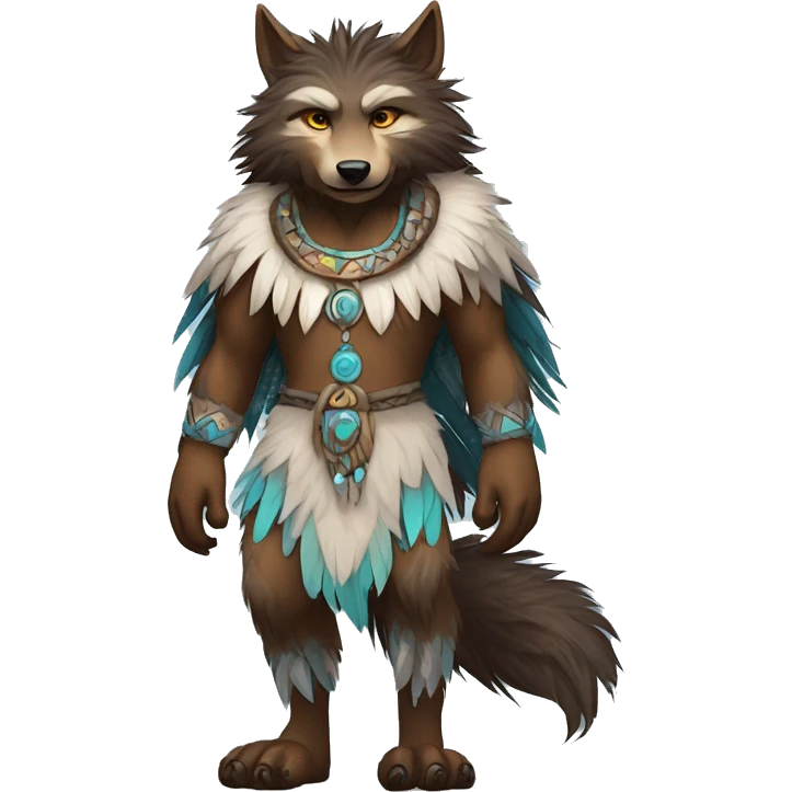Fluffy Shy Spiritual Shamanic WereWolf With Shiny Tribal Markings wearing feathers Full Body emoji