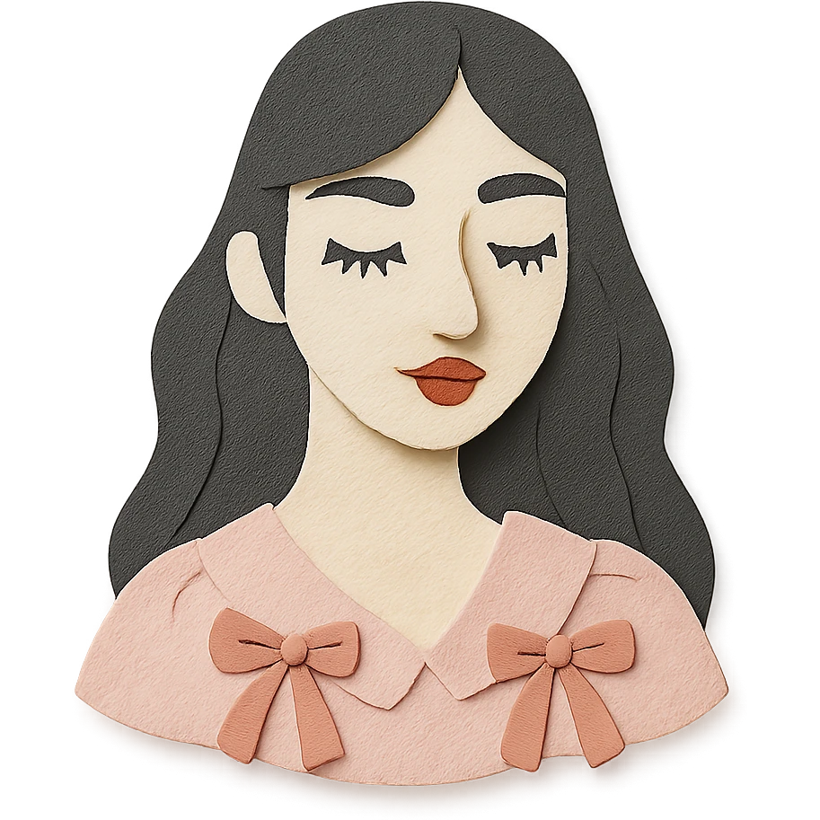 paper craft style illustration of a pale girl with long dark hair, pointy tip nose, full lips, long lashes, v-shaped jaw, in a light pink coquette blouse with ribbons emoji