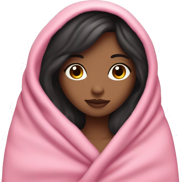 Woman with dark hair and blue eyes snuggled in a pink blanket emoji