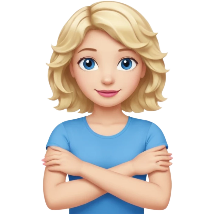 Girl Blonde short wavy hair,  blue eyes, cute blue top, long lashes, pink lips, smiling, making cross arms with arms  emoji