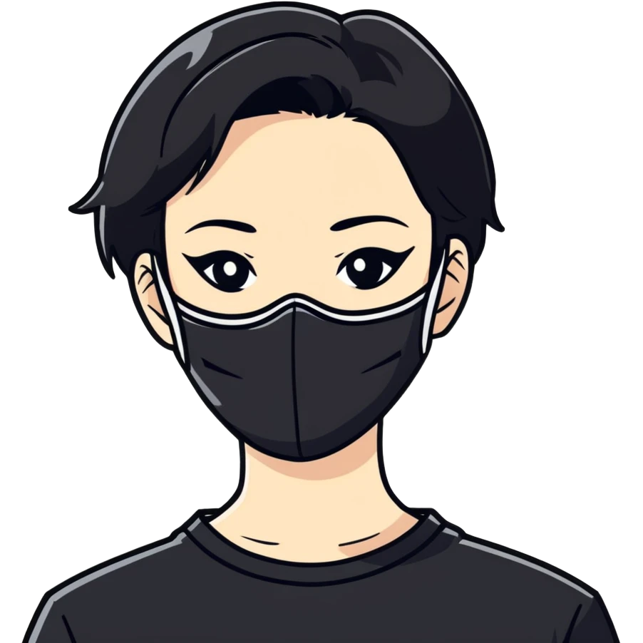 A woman wearing a black mask and black shirt with a white x and has black short hair  emoji