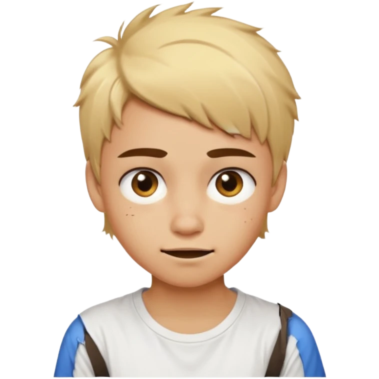caramel skin color. Teen age. Short buzz, messy blonde hair, dark brown bushy eyebrows large expressive golden-brown eyes, brown skin color, scar over nose, wearing a plain white t-shirt. Awkward smirk with visible teeth. emoji