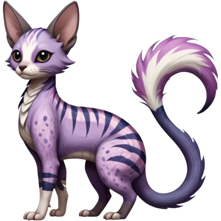 Furry, fluffy tropical flecked painted feathery scaly, Purple, white, black, Minccino-Sphynx-Lykoi-Linoone-Zangoose-fusion-hybrid-animal-Fakémon-creature, full body, thin long sleek scaly tail, intricate markings emoji
